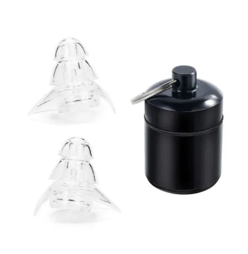 Clear music noise reduction earplugs with acoustic filter on white background