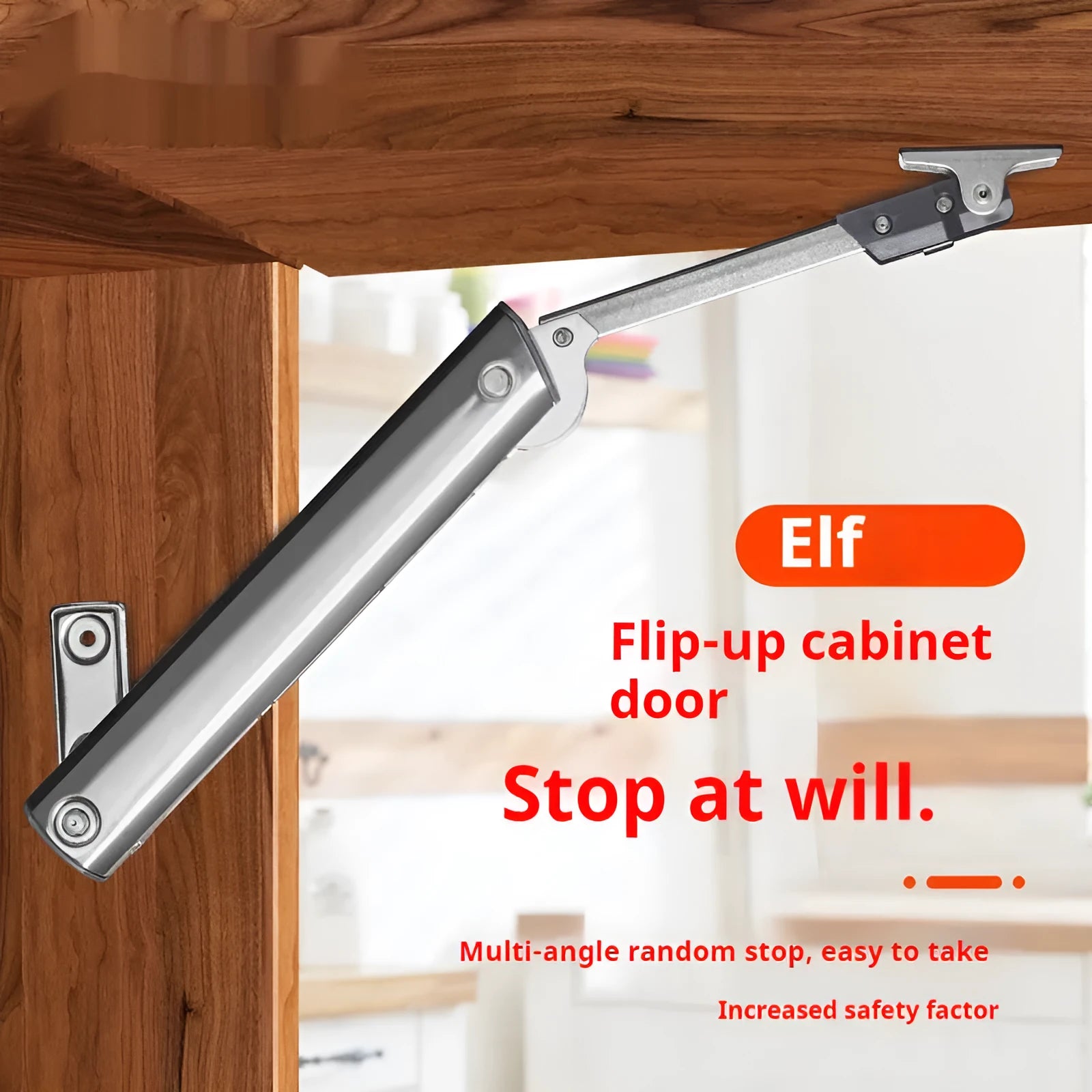 Cold rolled steel tatami cabinet support rod with elastic jackstay for flap-up doors.
