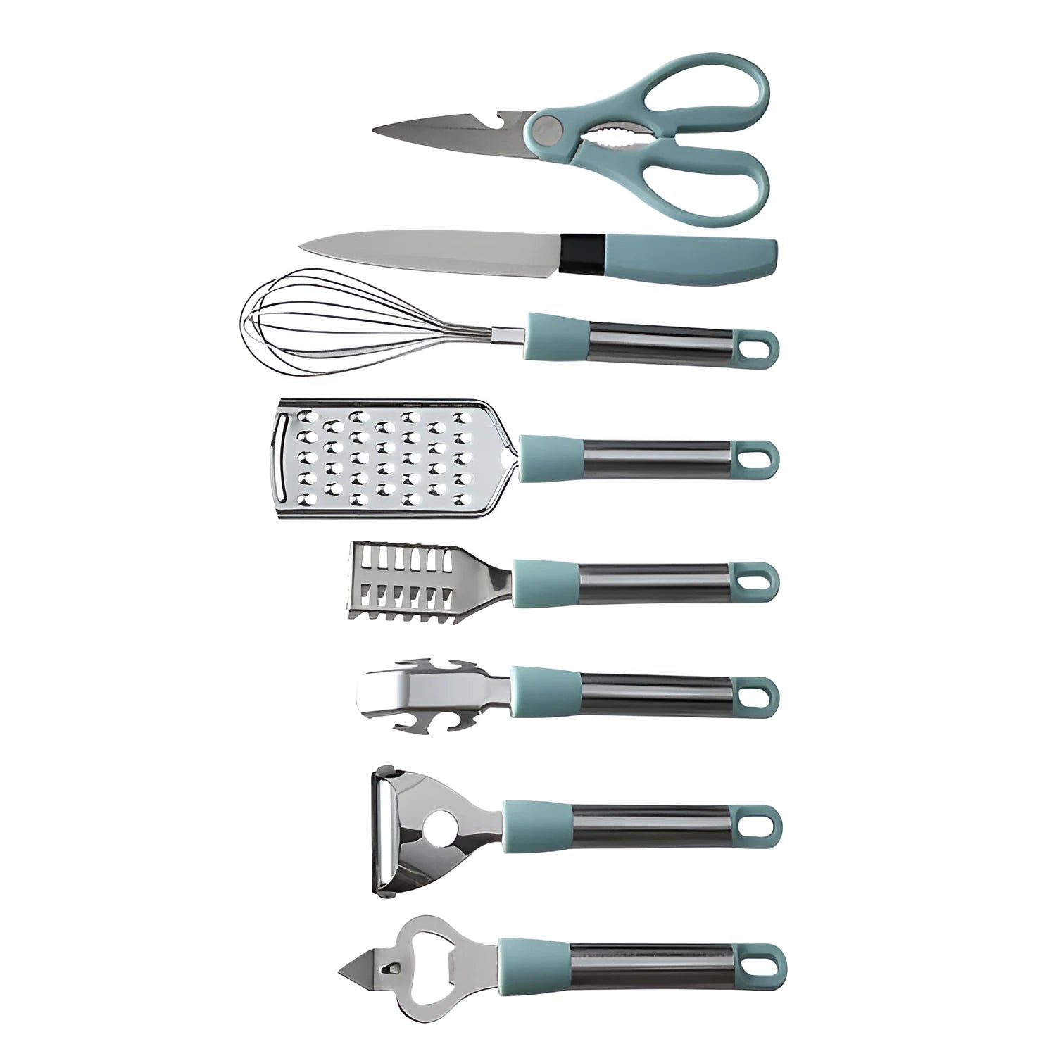 Stainless steel kitchen gadget set with peeler and whisk on grey tray