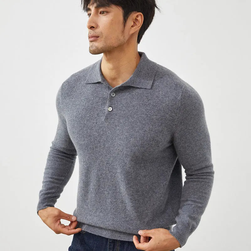 Men's cashmere pullover sweater with polo collar in sapphire blue colour showing loose fit design