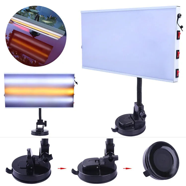 White MPT X009 car body dent repair detector kit with inspection light and magnetic base on a vehicle panel.