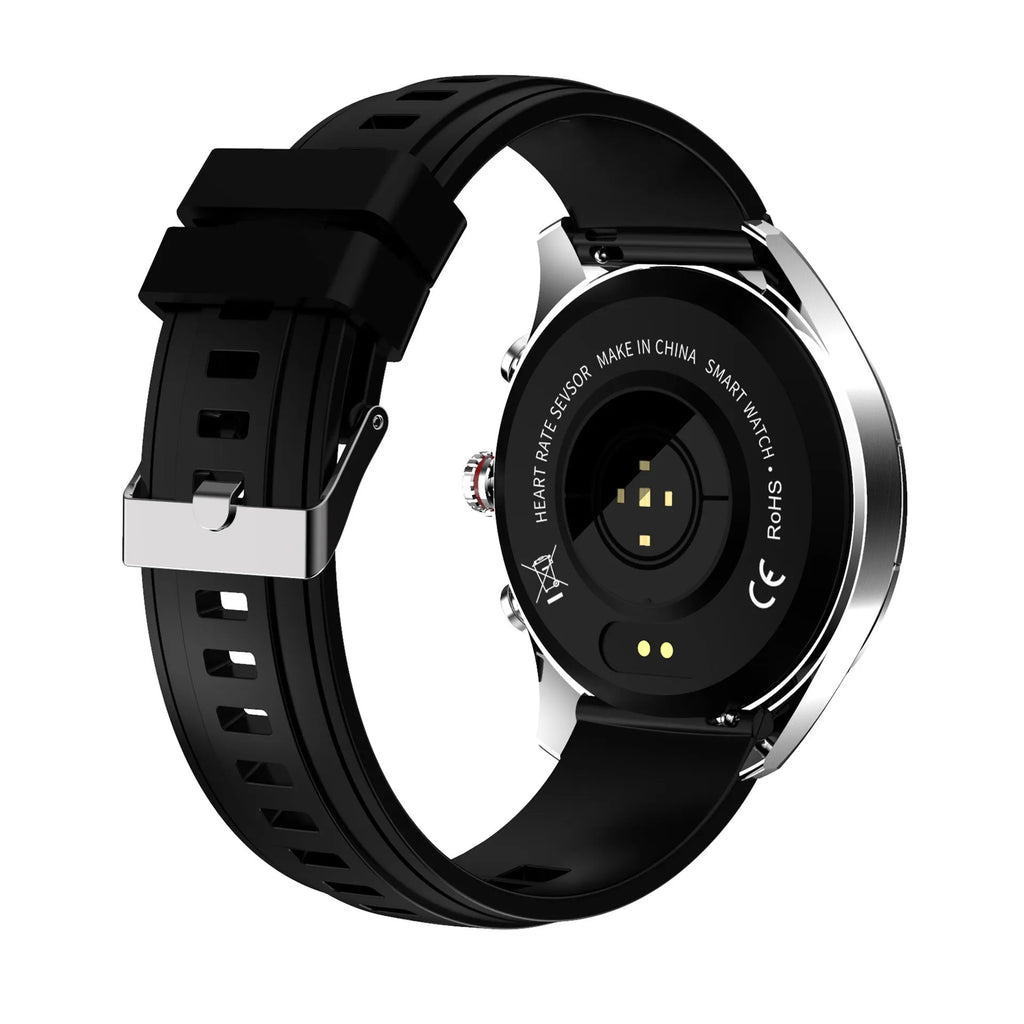 Men's black smart bracelet watch with zinc alloy screen and silicone band on a wrist.