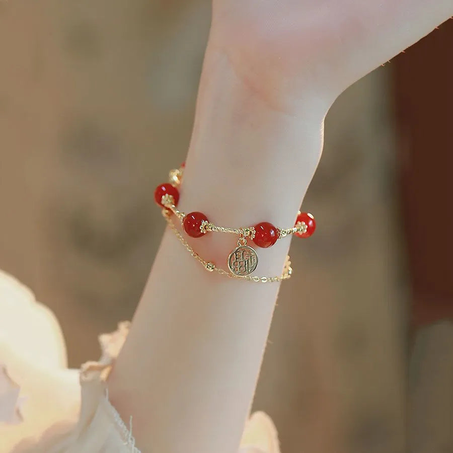 Red agate double-layer bracelet with horse charm and blessing card in electroplated alloy with chamfered square pattern