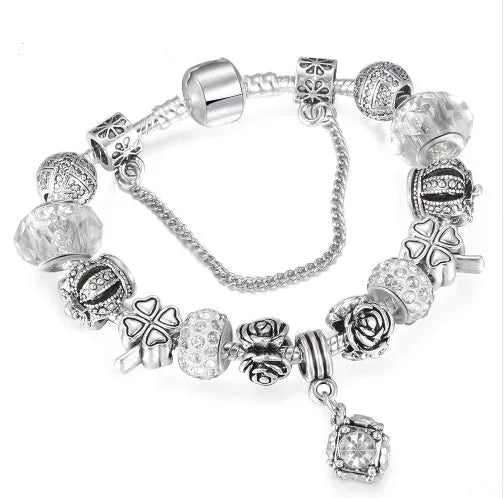 Multicolour beaded bracelet with alloy, glazed, and diamond beads on a white background