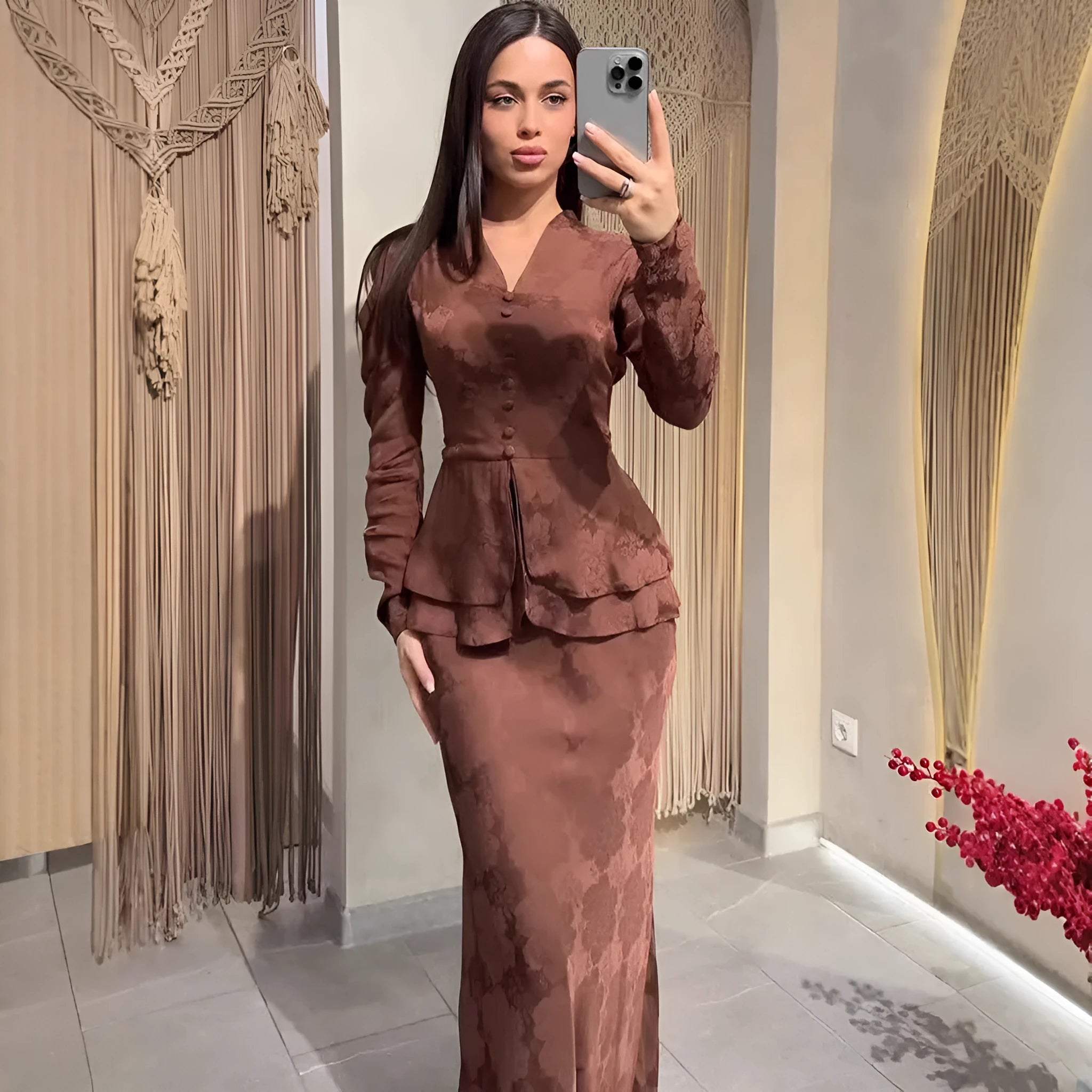 Dark brown women's retro dress with fake two-piece design, button details, and long sleeves.