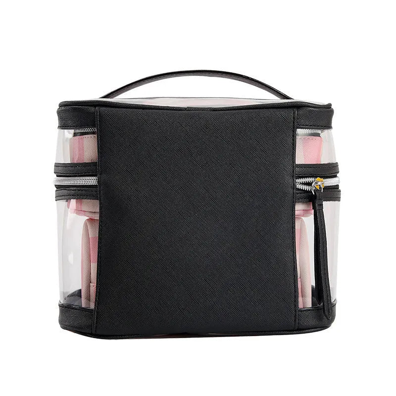 Pink bold stripes floral pattern waterproof synthetic leather makeup bag with retro design