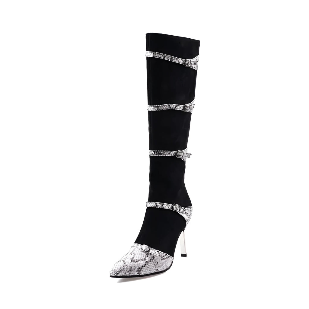 Grey and black women's knee-high boots with a thin 9cm high heel and a 33cm shaft.