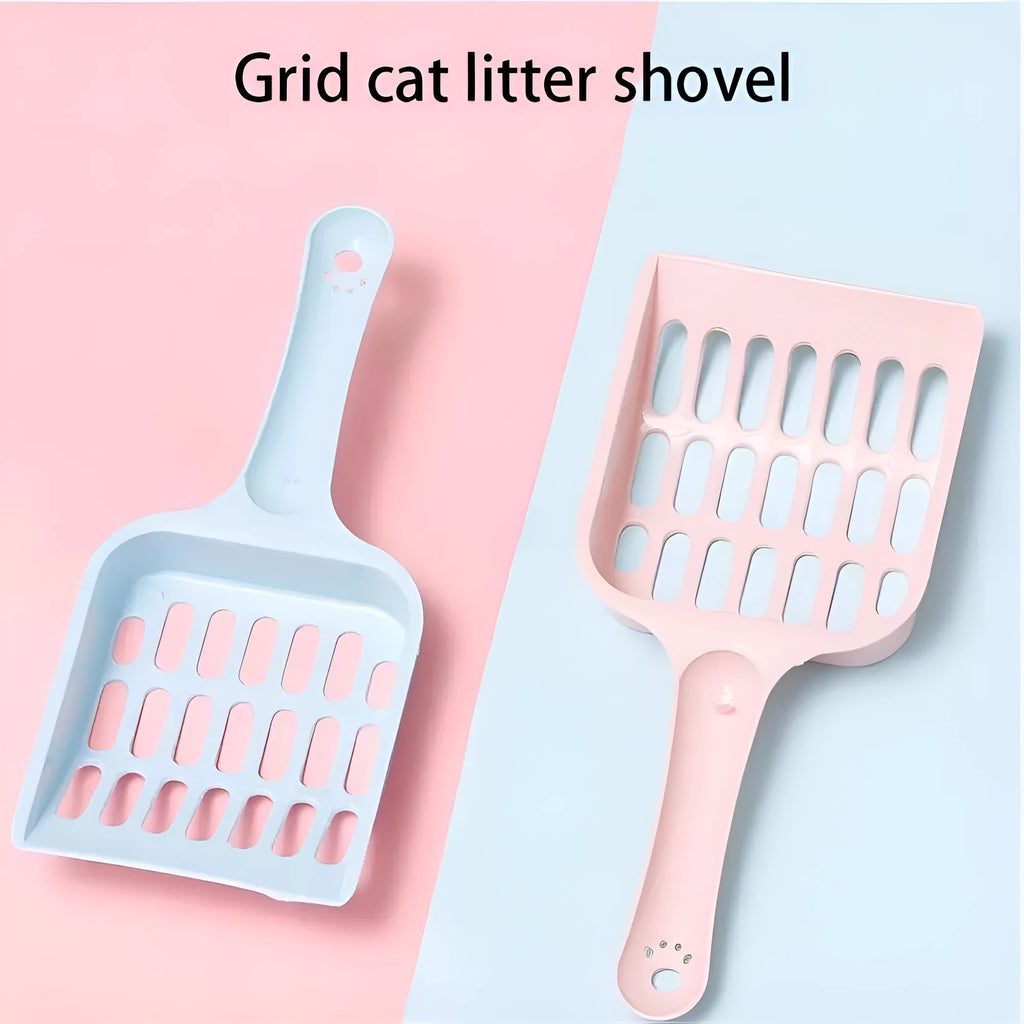 Plastic cat litter scoop in blue, green or pink colours showing 20cm length and litter sifting design