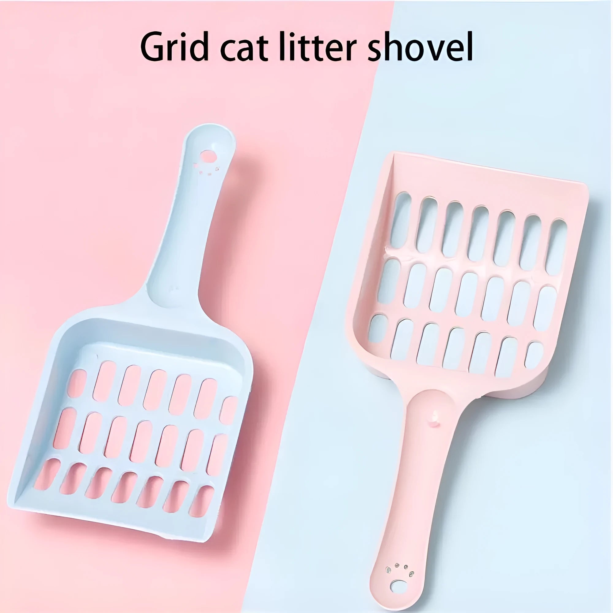 Plastic cat litter scoop in blue, green or pink colours showing 20cm length and litter sifting design