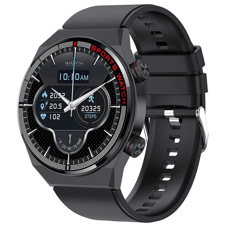 Black rotary key Bluetooth smart watch with brown genuine leather strap on a wrist.