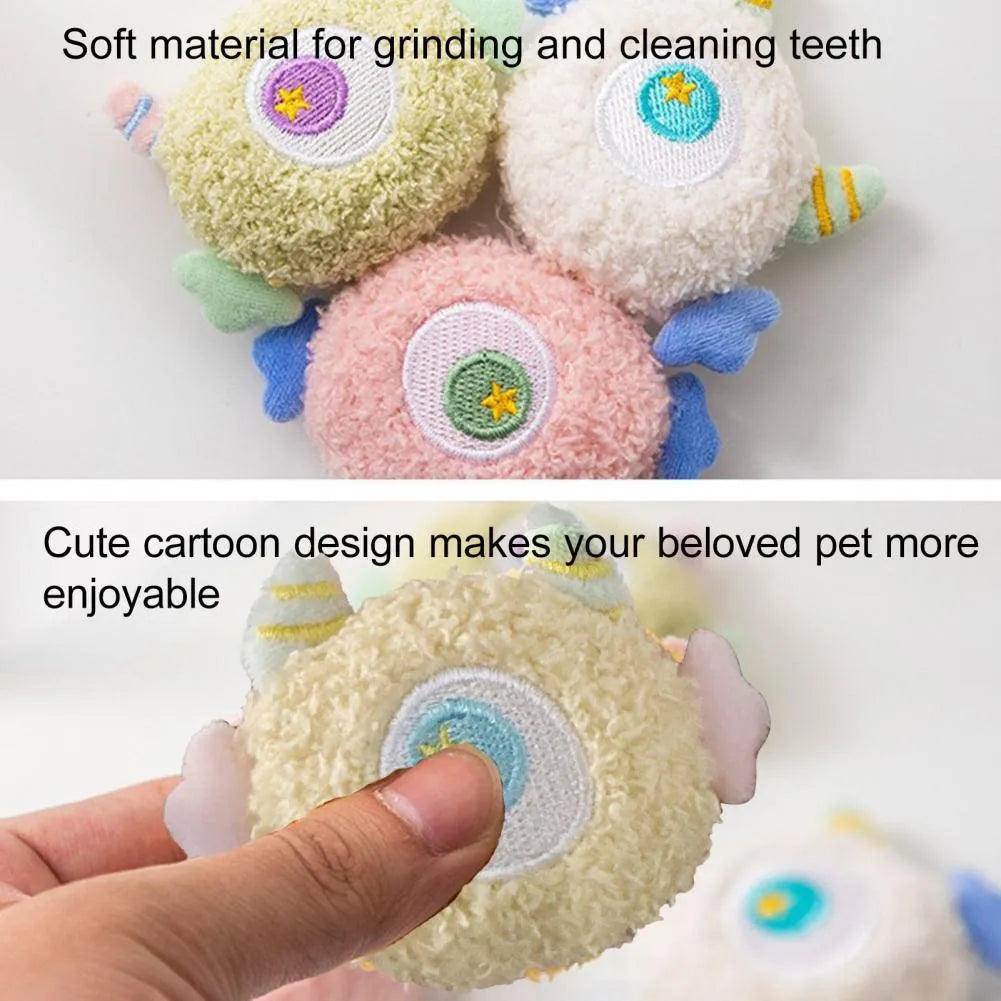 Cartoon-shaped plush dog chew toy with large eyes and squeaker in assorted colours