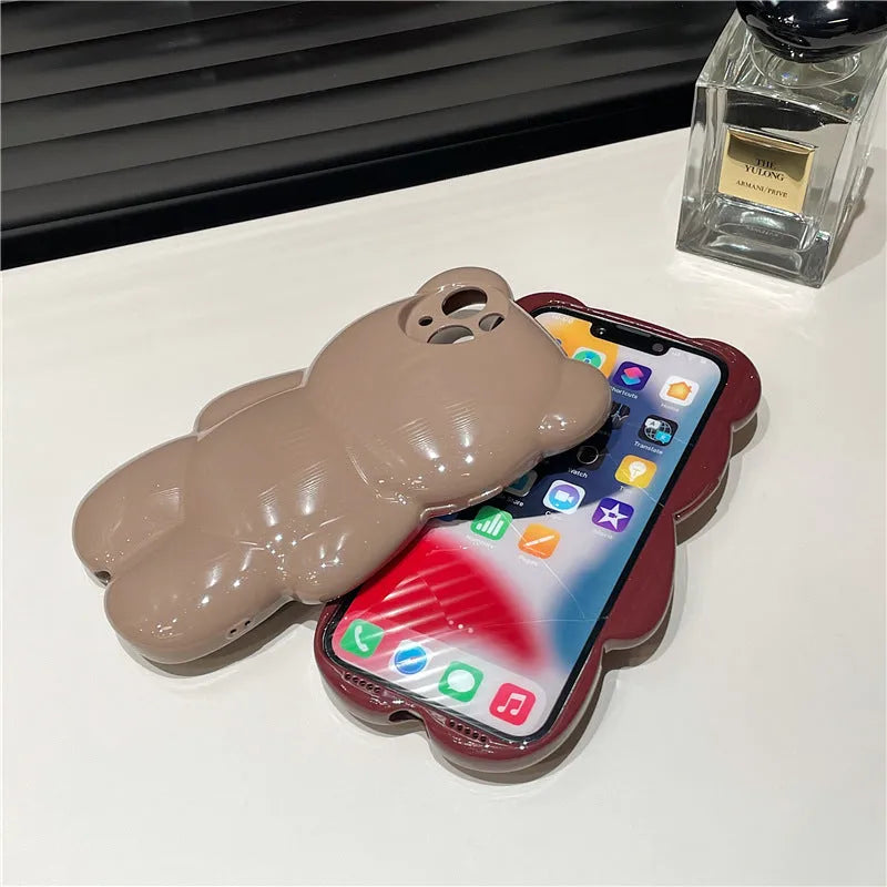 Solid colour three-dimensional bear cute anti-fall silicone phone case for iPhone 11 12 13 14 series, khaki option
