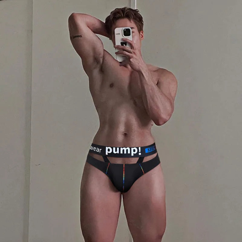 Men's solid black modal low waist briefs laid flat, showing the briefs style.