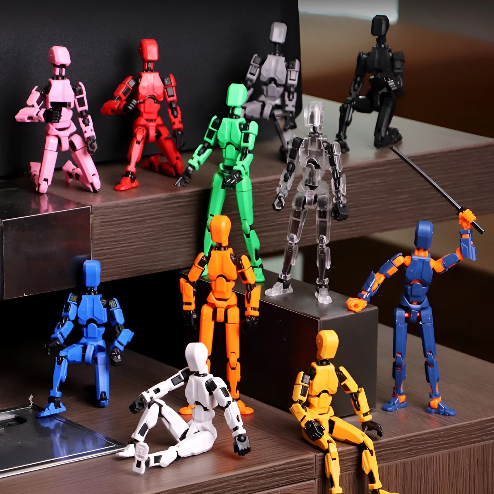 Unassembled 3D printed robot model kit with multi-jointed parts on a table