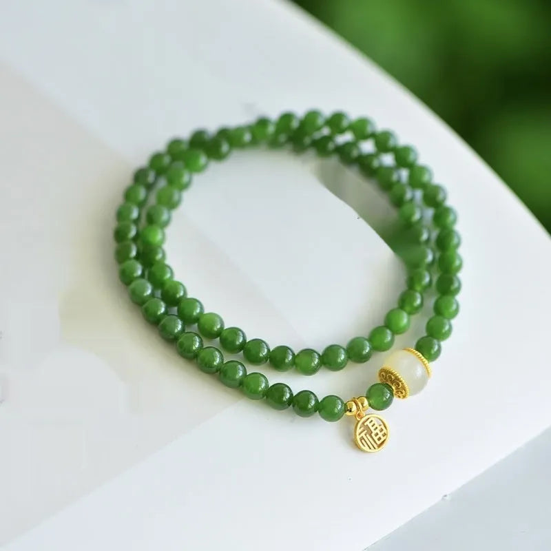 Women's double circle Hetian jade bracelet with geometric shape and fu character