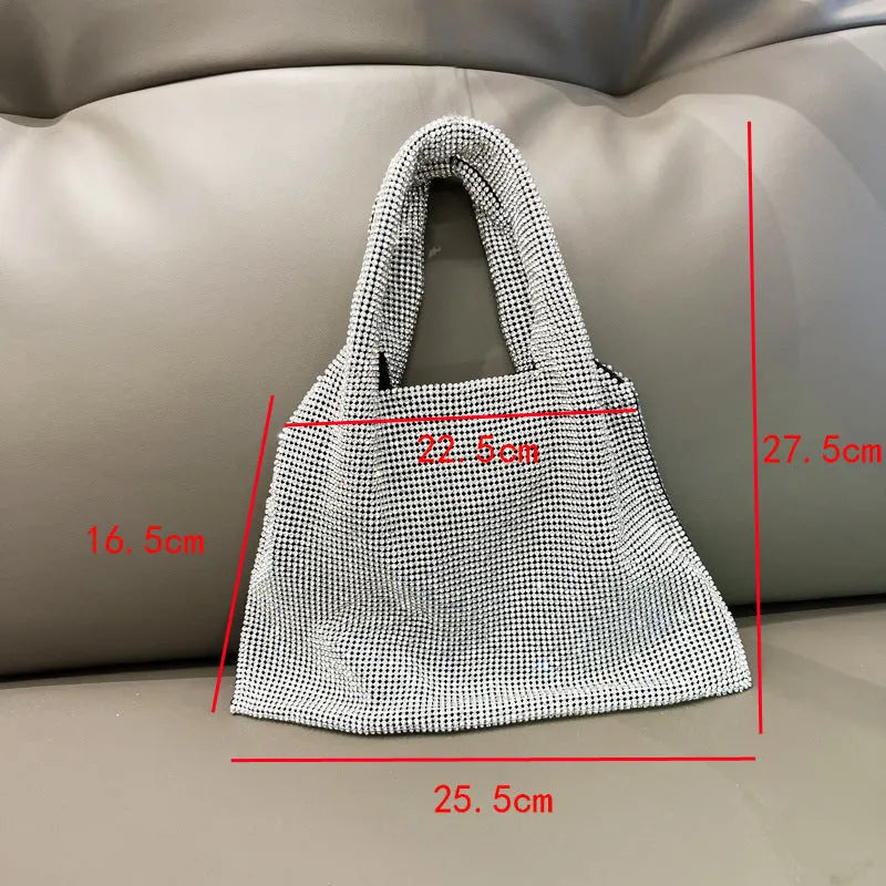 Silver-coloured cotton thread handbag with rhinestone decoration and open-pocket design