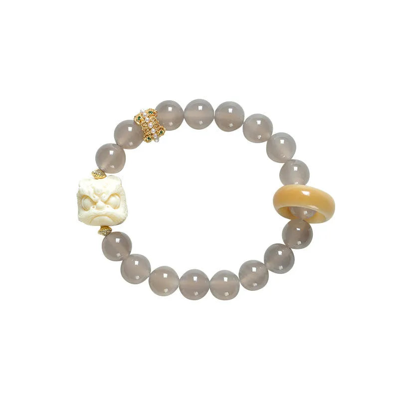 Guochao traditional Chinese bracelet with grey agate 10mm round beads in hand-woven construction