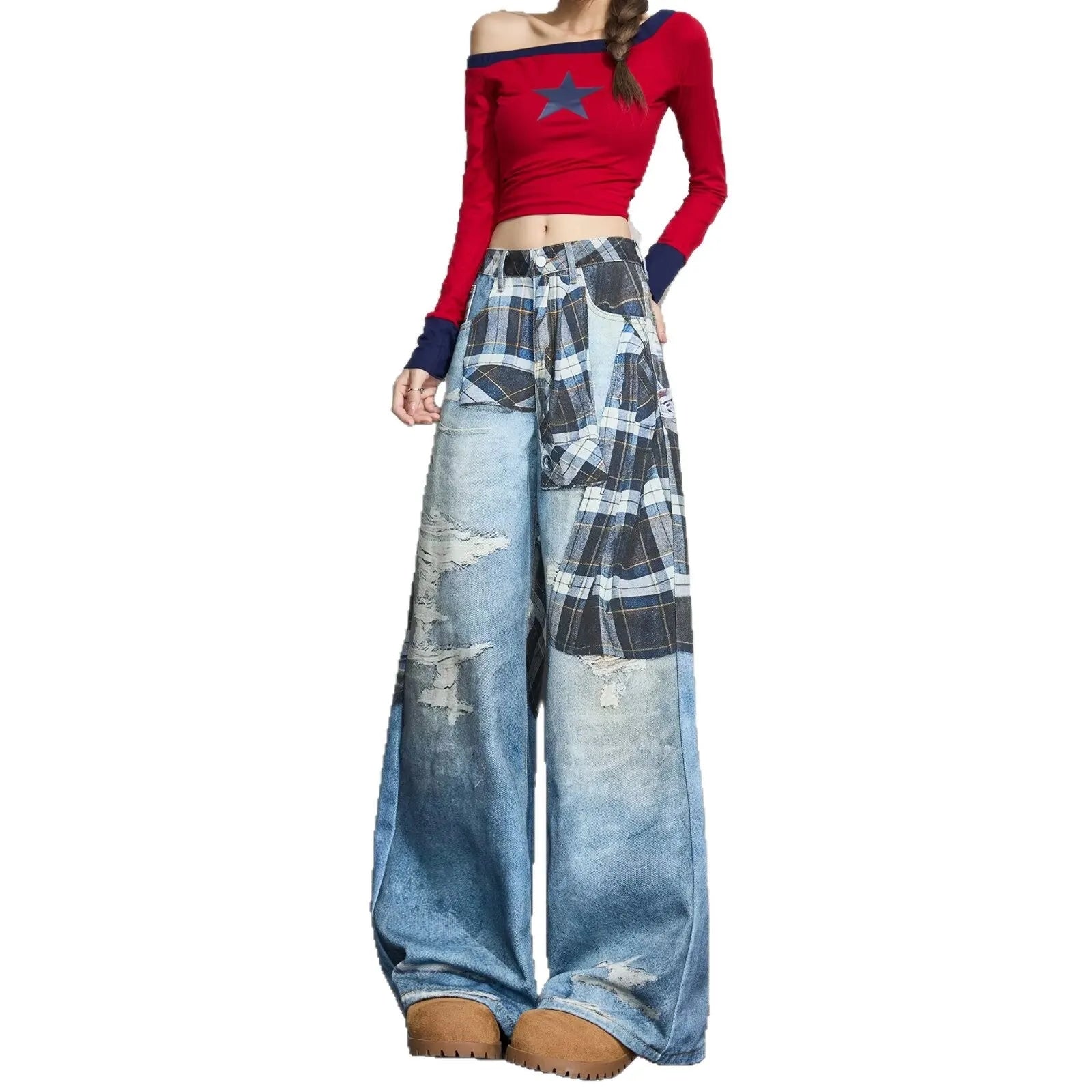 High street wide-leg loose casual pants in blue cotton, straight leg, mid-rise waist, front view