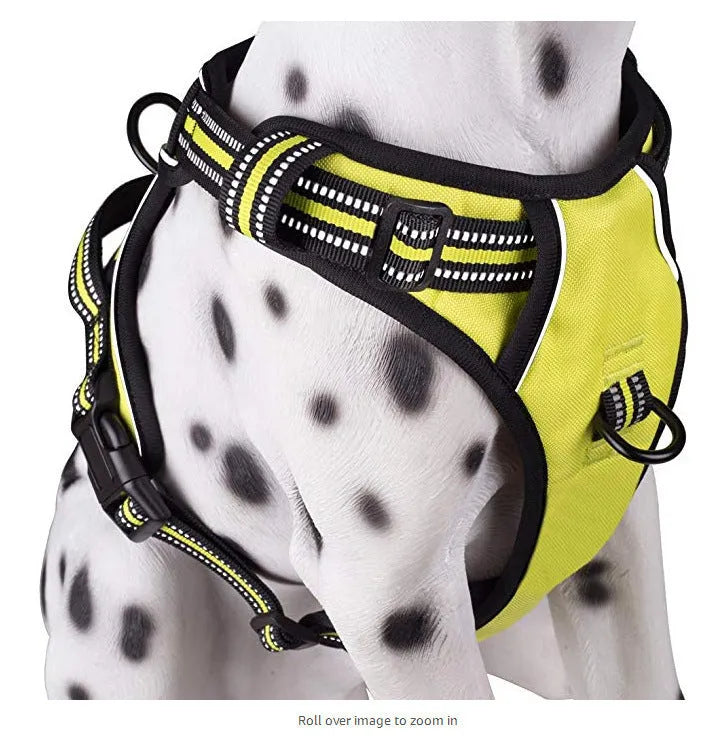 Reflective adjustable dog chest harness in black, red, or green, sizes M to XXL for medium and large dogs.