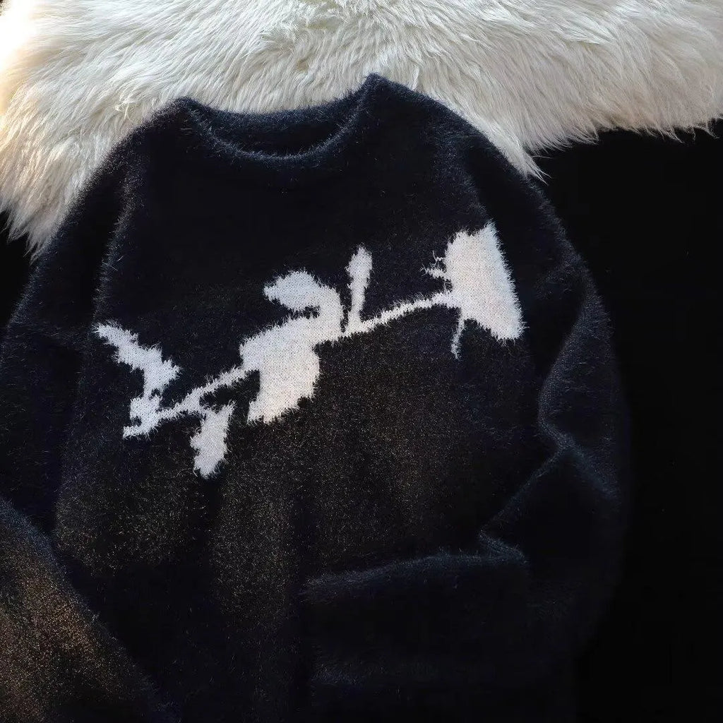 Men's grey pullover sweater with a dark rose flocking horse design on the chest.