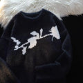 Men's grey pullover sweater with a dark rose flocking horse design on the chest.