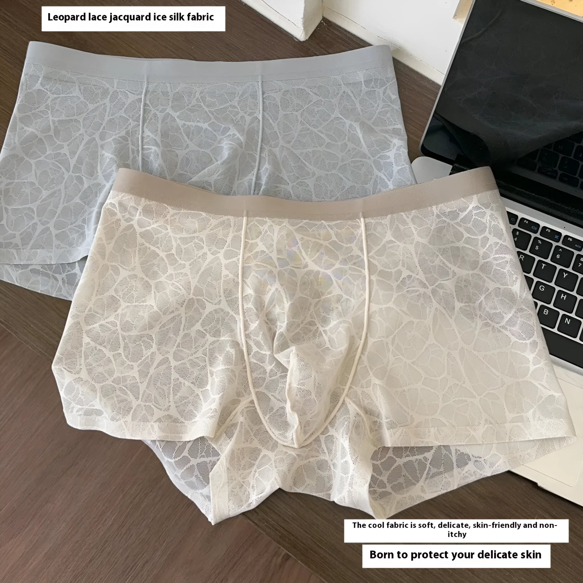 Men's thin lace leopard jacquard underwear shorts in five colours on a white background