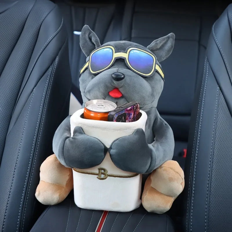 Plush fabric car tissue box for flip armrest showing Man Dog character design