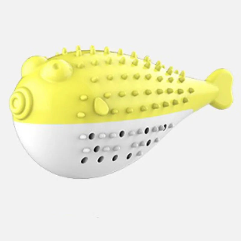 Silicone fish cat chew toy in blue, green, pink, or yellow colours measuring 12.2cm long