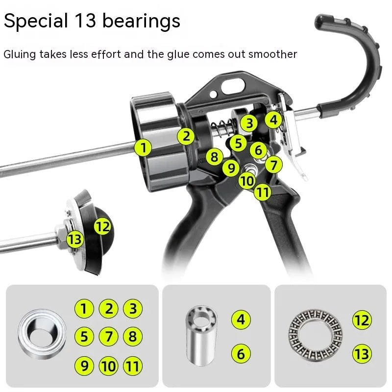 Aluminium alloy automatic adhesive breaking glass glue gun with 13-bearing structure for sealant application