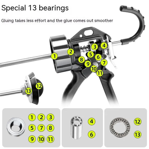 Aluminium alloy automatic adhesive breaking glass glue gun with 13-bearing structure for sealant application