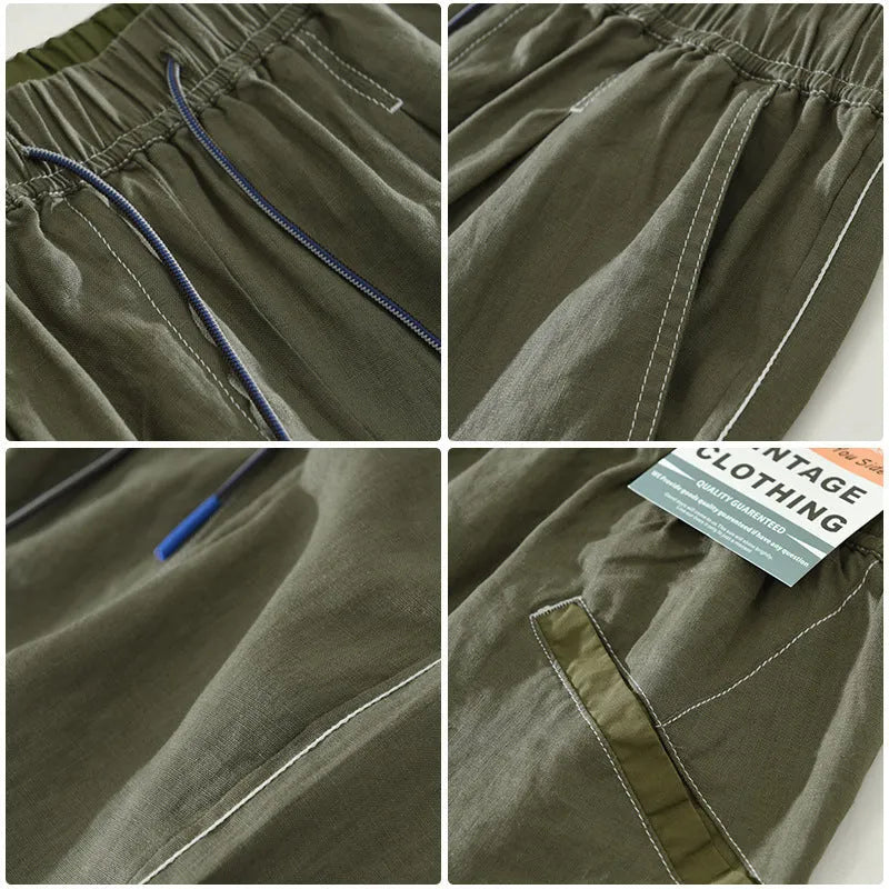 Men's straight-leg linen shorts in black or green with drooping style and drawstring mid-waist.