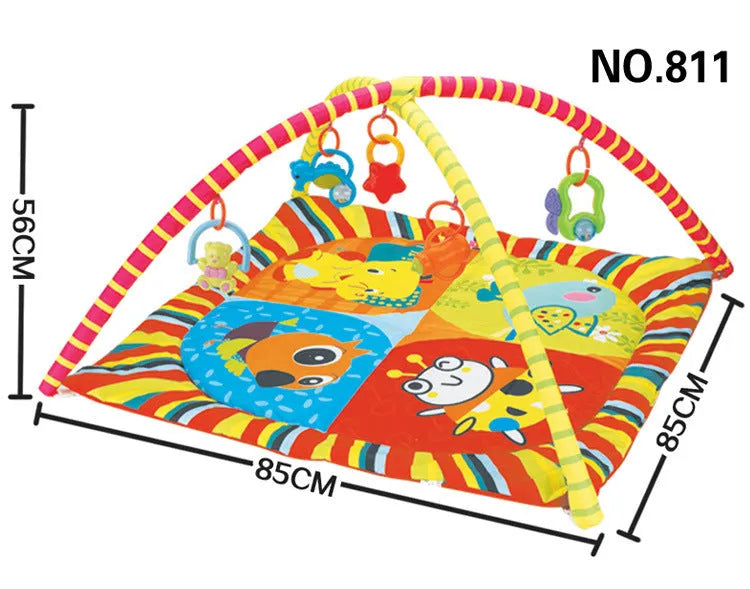 Soft velvet baby play mat with colourful animal designs, laid flat as a crawling carpet.