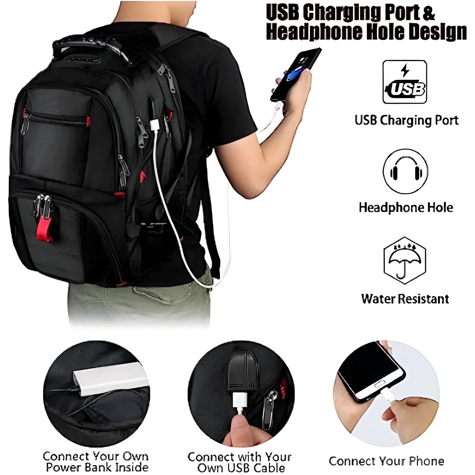 Large USB backpack in black with curved shoulder straps and waterproof Oxford cloth construction
