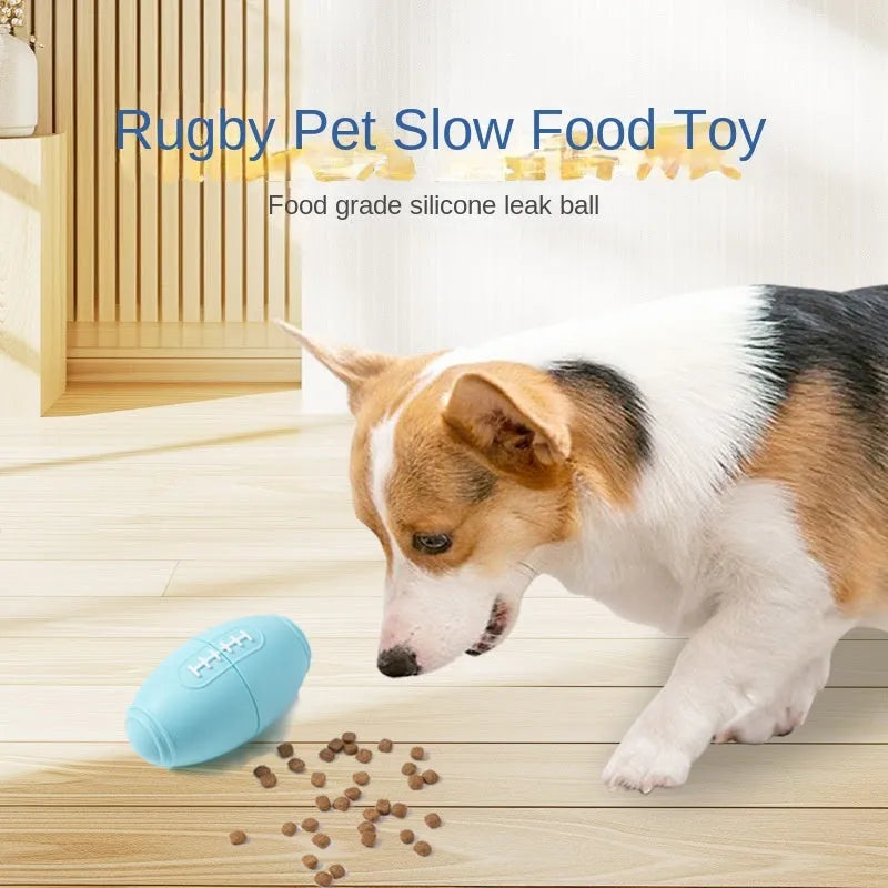 Blue silicone rugby ball dog toy with hollow treat-dispensing centre