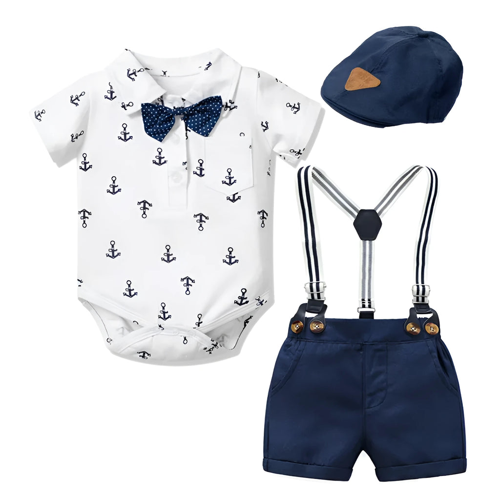 Blue and white cotton baby boy gentleman romper with triangle climbing print and short sleeves.