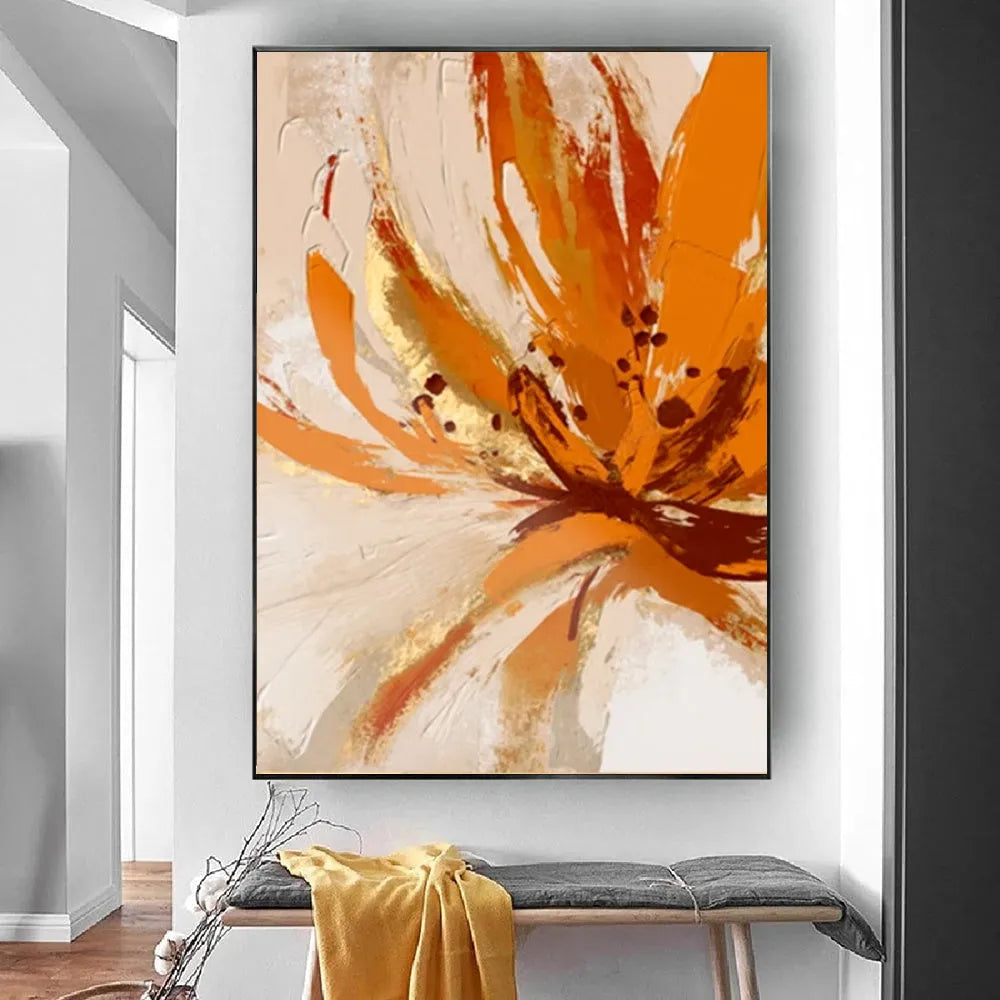 Handmade orange flower oil painting on canvas, modern abstract vertical wall art, frameless and unstretched