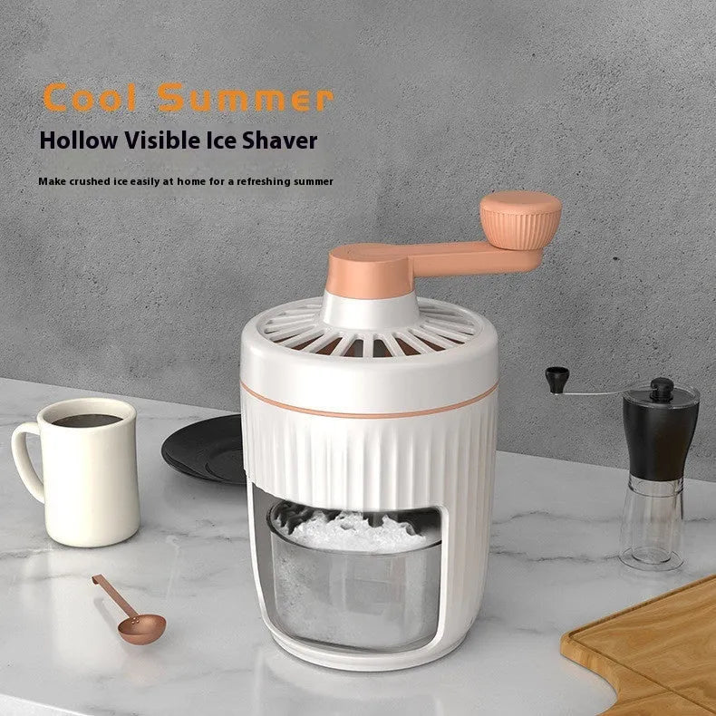 Hand-cranked ice shaving machine in green or orange with removable ice box, PP ABS and 304 stainless steel construction