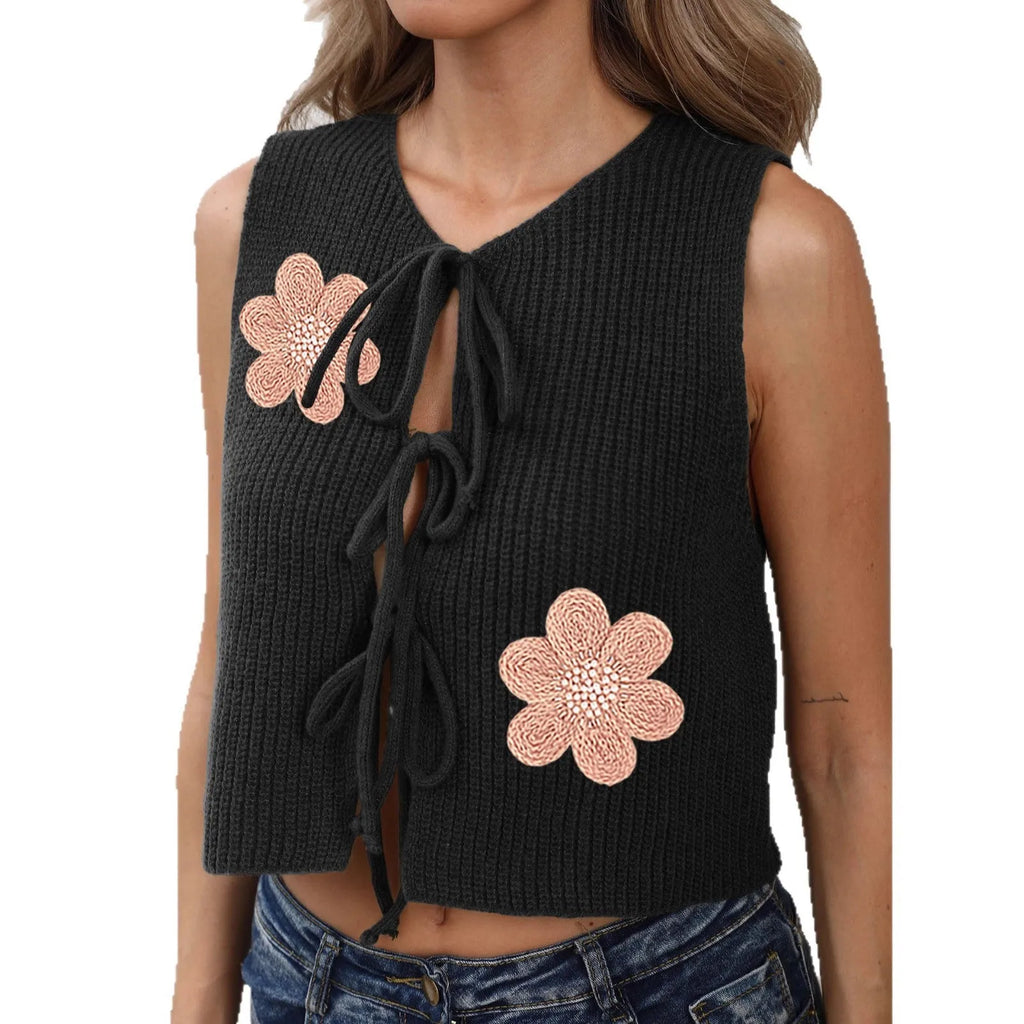 Women's sleeveless vest cardigan with lace-up bow detail in deer plush polyester fabric