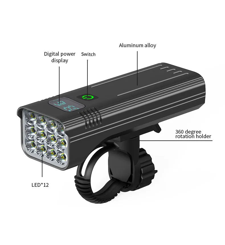 Black KX12DF digital display bicycle headlight with USB port and rotating mount.