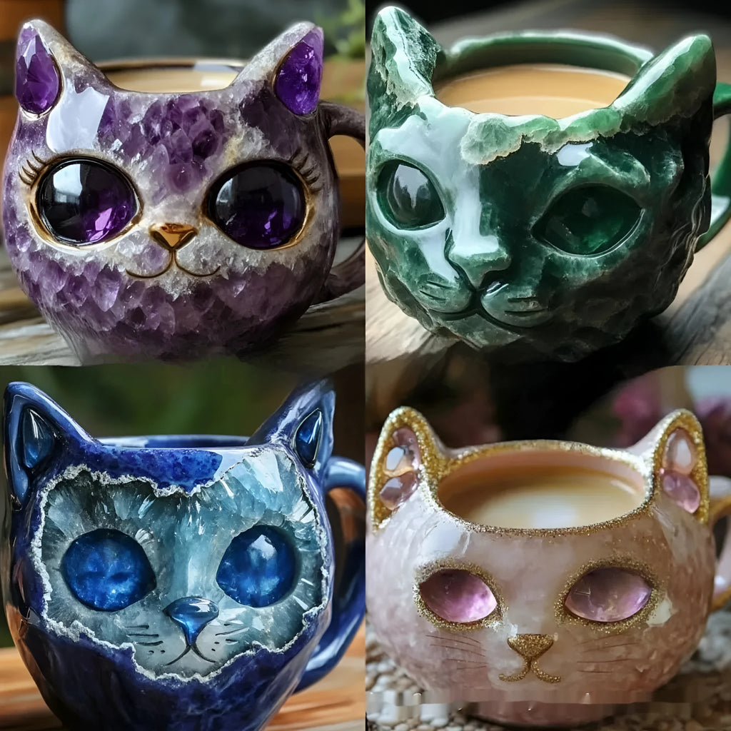 Colourful handmade geode resin mug with a cat-shaped handle in purple, blue, green, or pink.