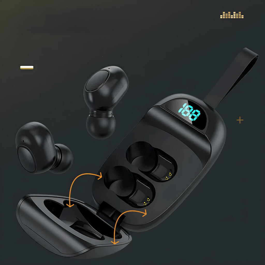 Black wireless Bluetooth TWS earphones with smart charging case displayed