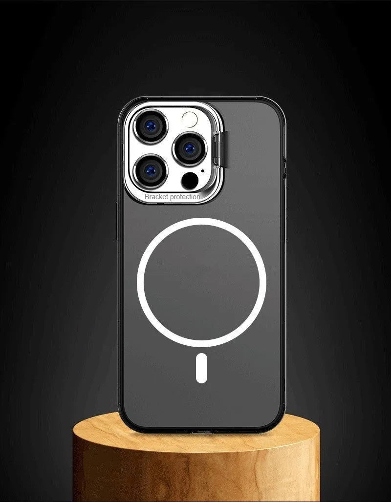 Metal invisible bracket phone case frosted magnetic protective cover for iPhone 12 to 15 series in black colour
