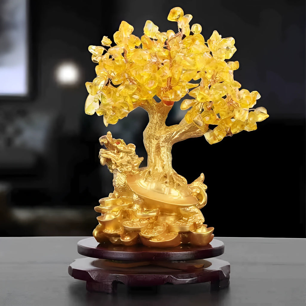 Citrine-coloured resin Feng Shui money tree ornament with small water turtle design