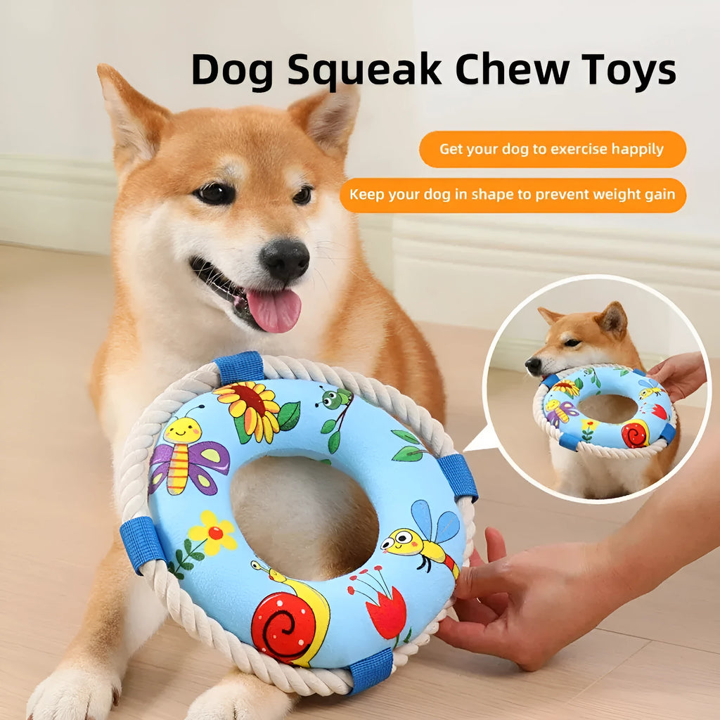 25cm diameter plush dog pull ring toy in yellow fish pattern with squeaker for fetch games