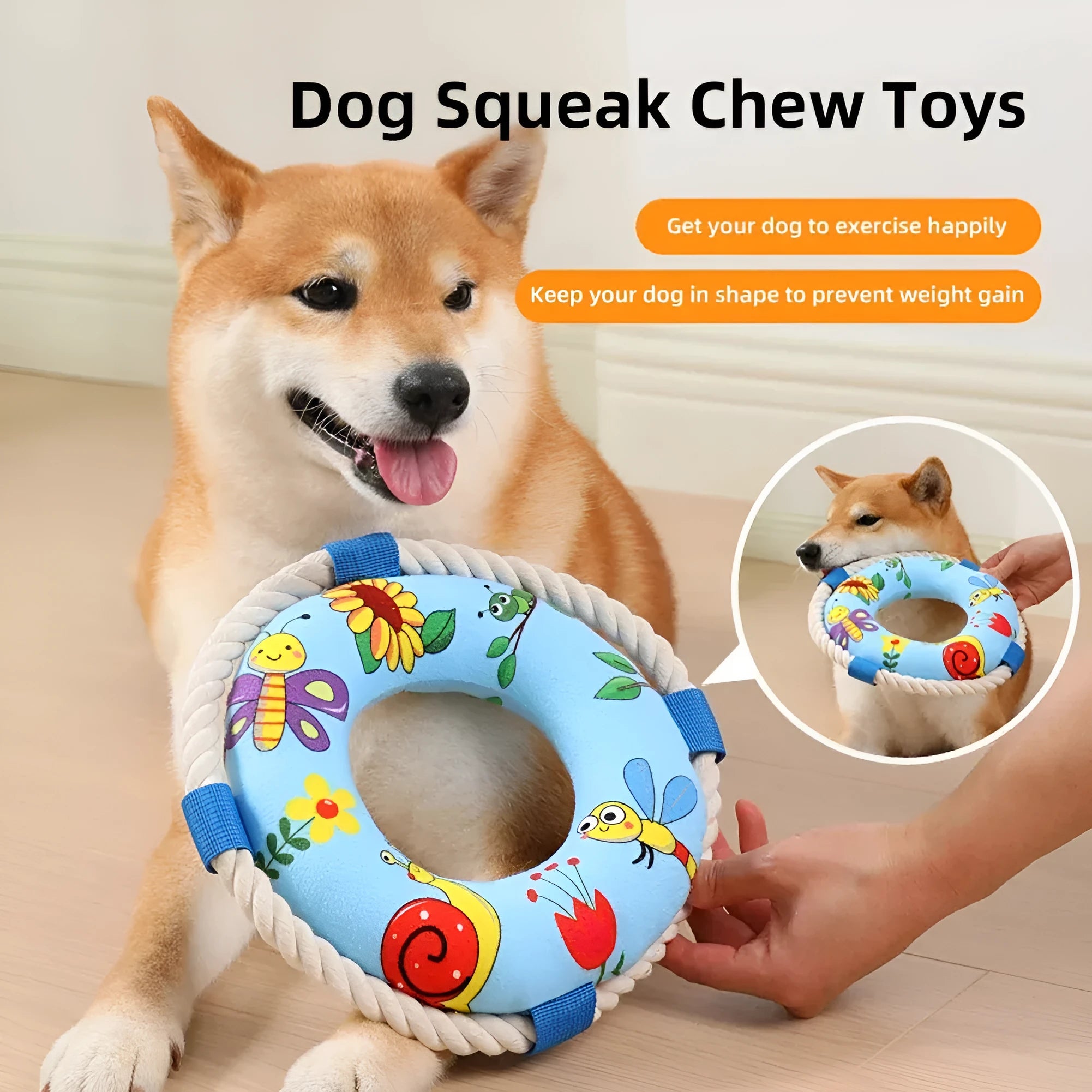 25cm diameter plush dog pull ring toy in yellow fish pattern with squeaker for fetch games