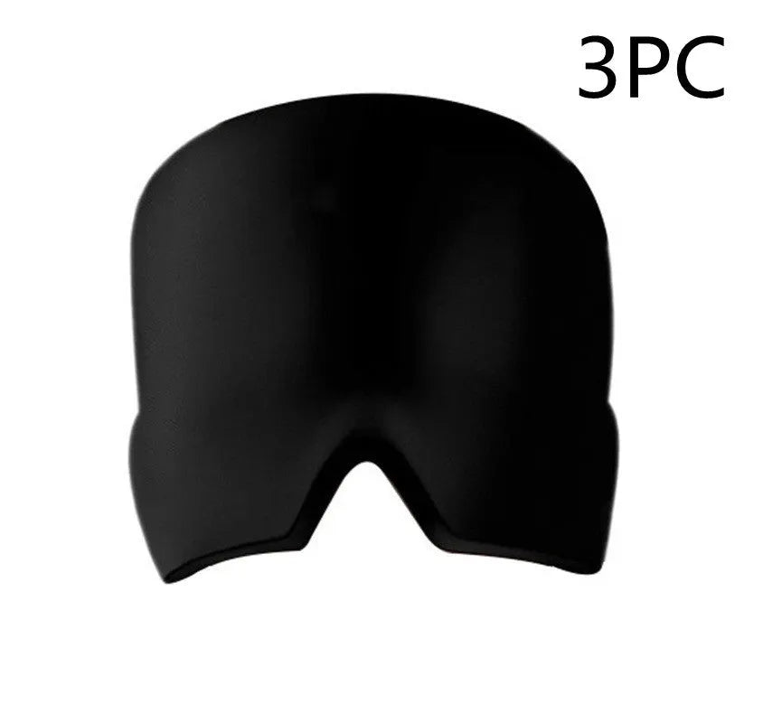 Black ice headache relief gel eye mask with adjustable headband on forehead demonstrating 22*17*1.5cm dimensions