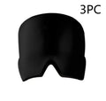 Black ice headache relief gel eye mask with adjustable headband on forehead demonstrating 22*17*1.5cm dimensions