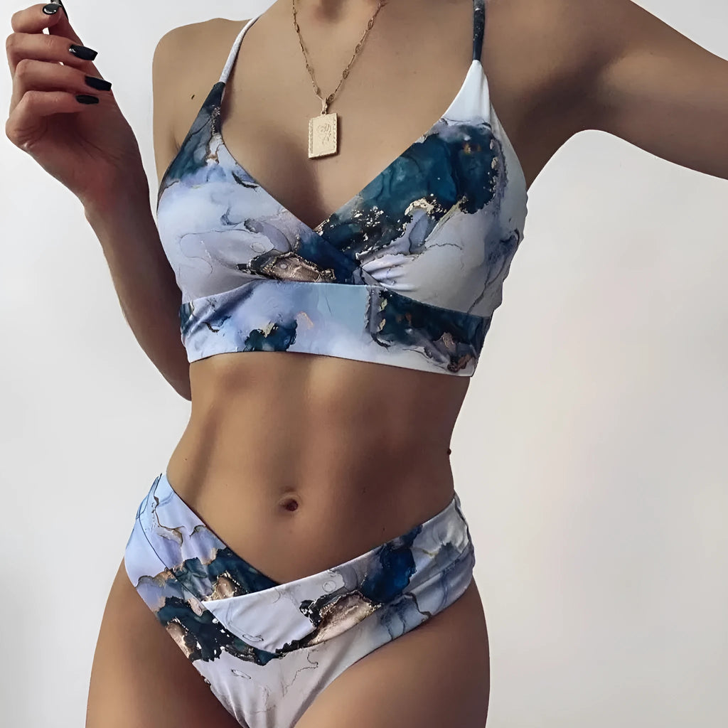 Women's marble tie-dye high-waisted bikini set with U-neck top for swimming sports