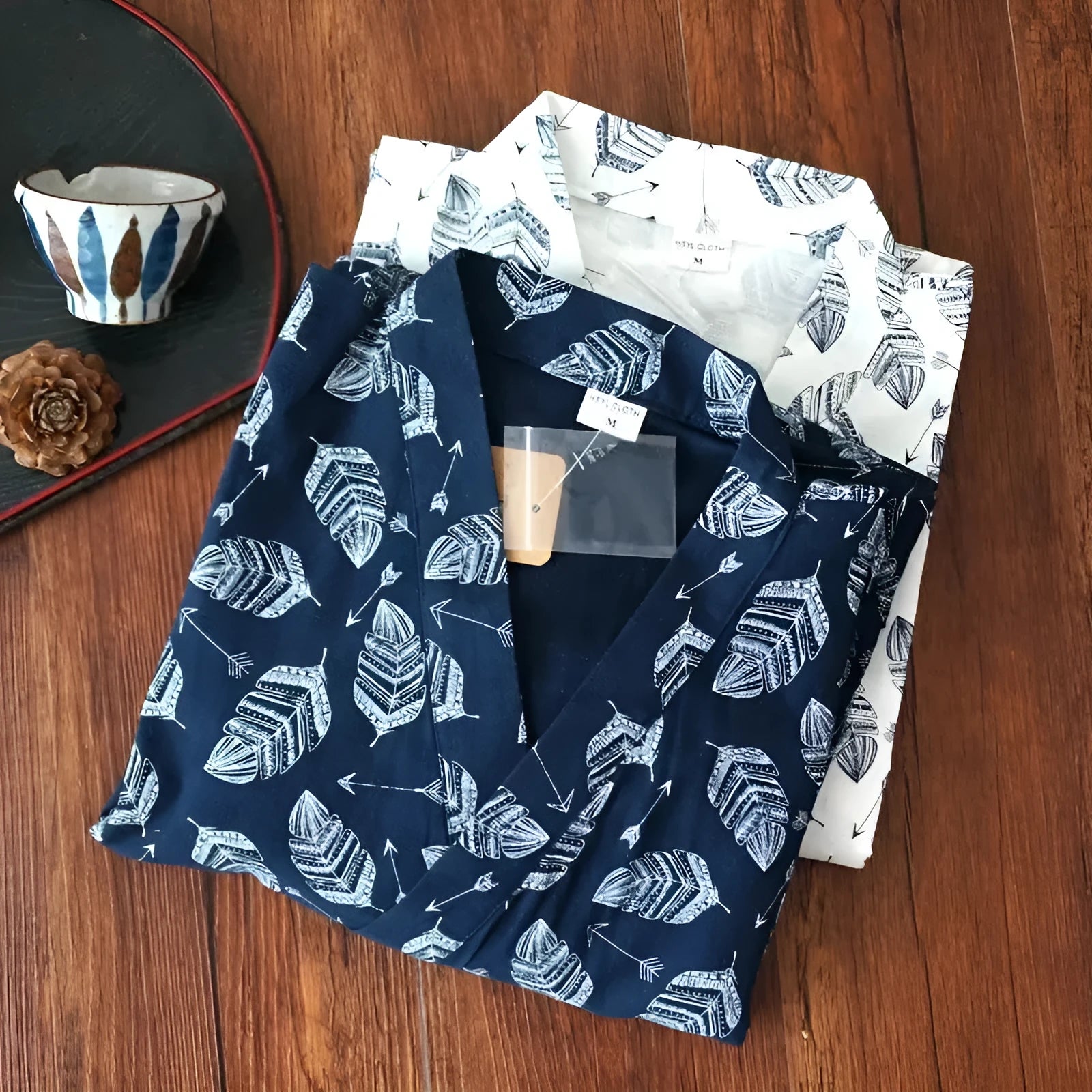 Men's cotton nightgown with leaf pattern in navy blue, home wear long sleeve