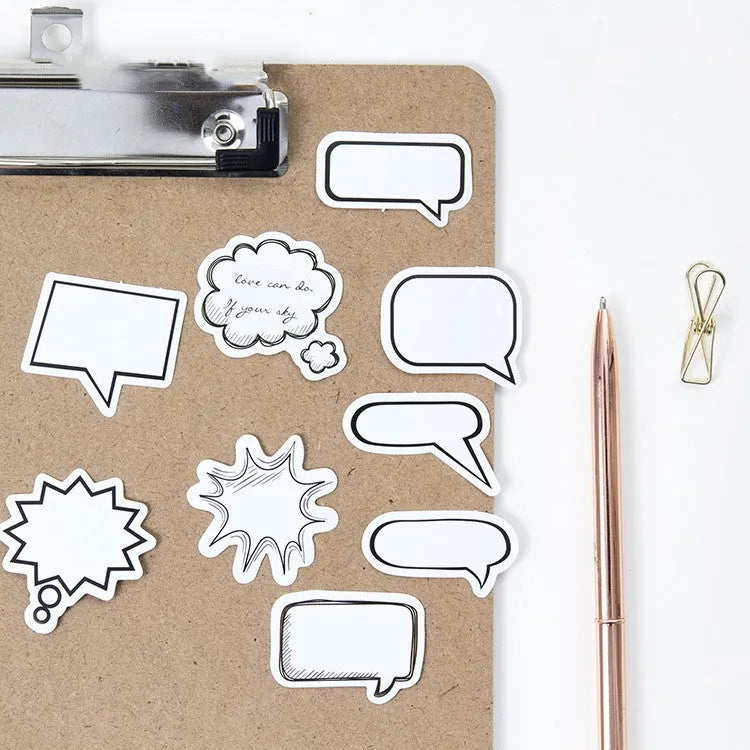 Box containing 45 black and white speech bubble thought bubble decoration stickers
